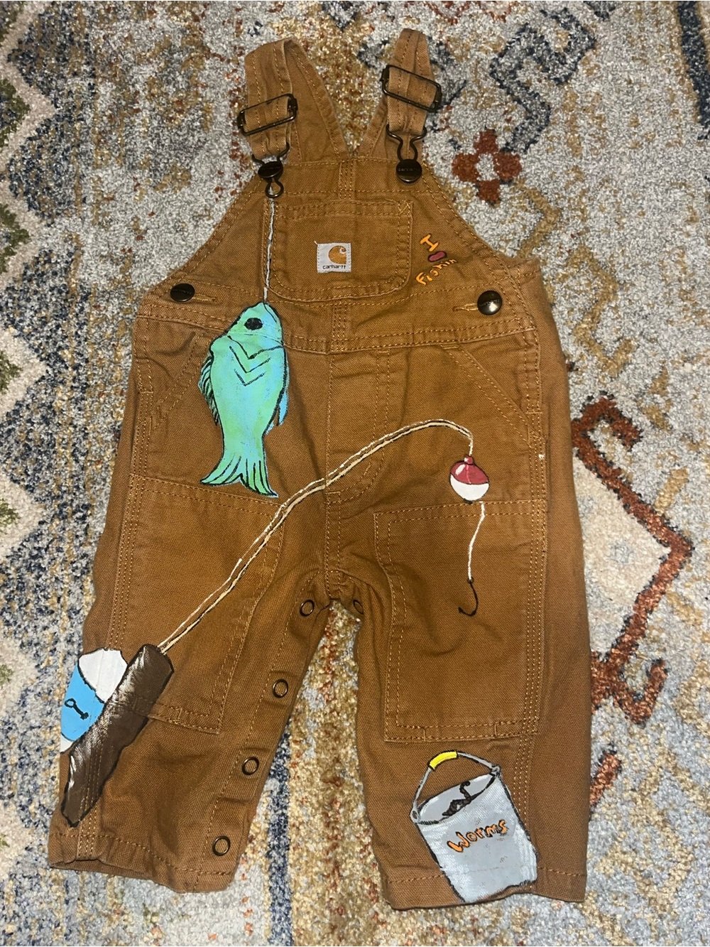 Carhartt size 3M hand painted unique gone fishin’ overalls like new condition